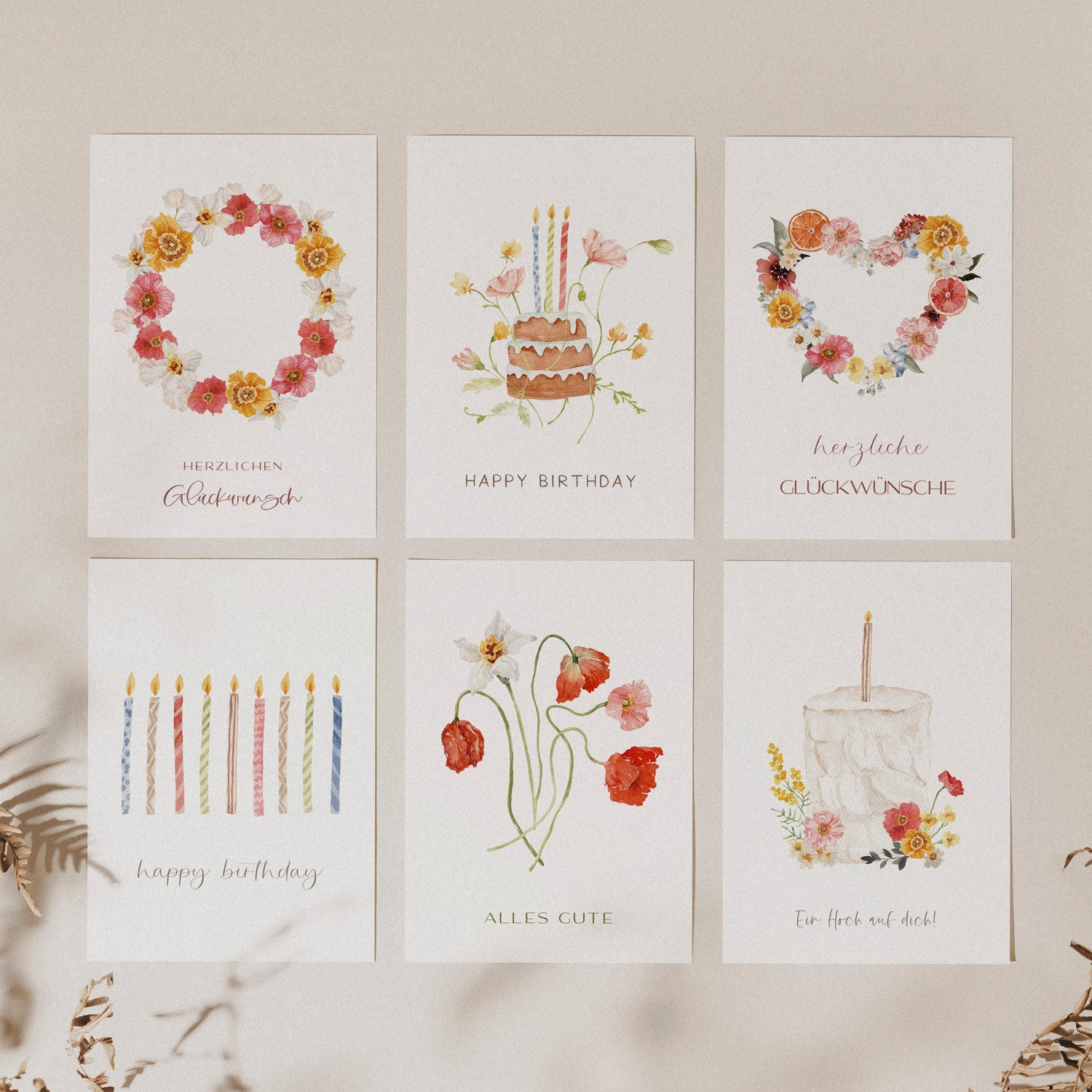 6er Set Geburtstagskarten A6 auf Strukturpapier - flowery