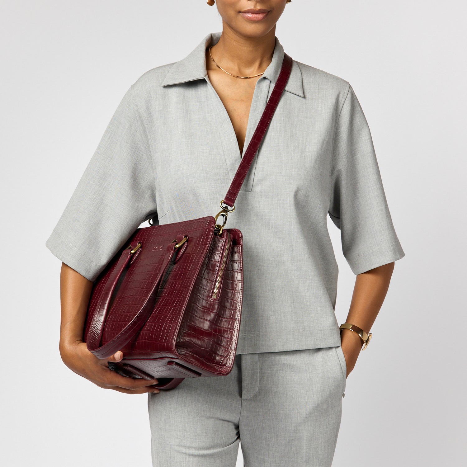 Blair Tasche - Leder Dark Cherry Croco Print mit 2 Straps