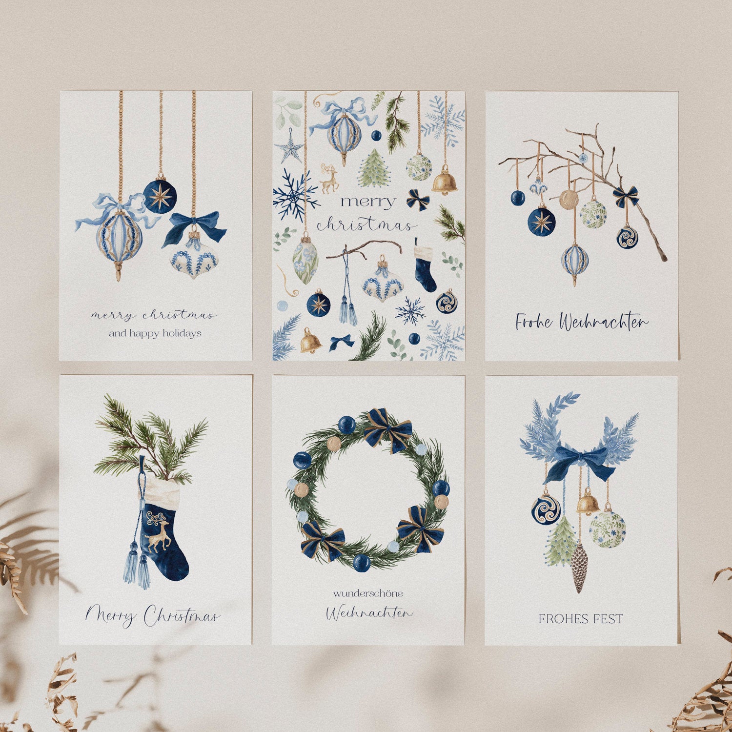 6er Set Weihnachtskarten A6 auf Strukturpapier - blau