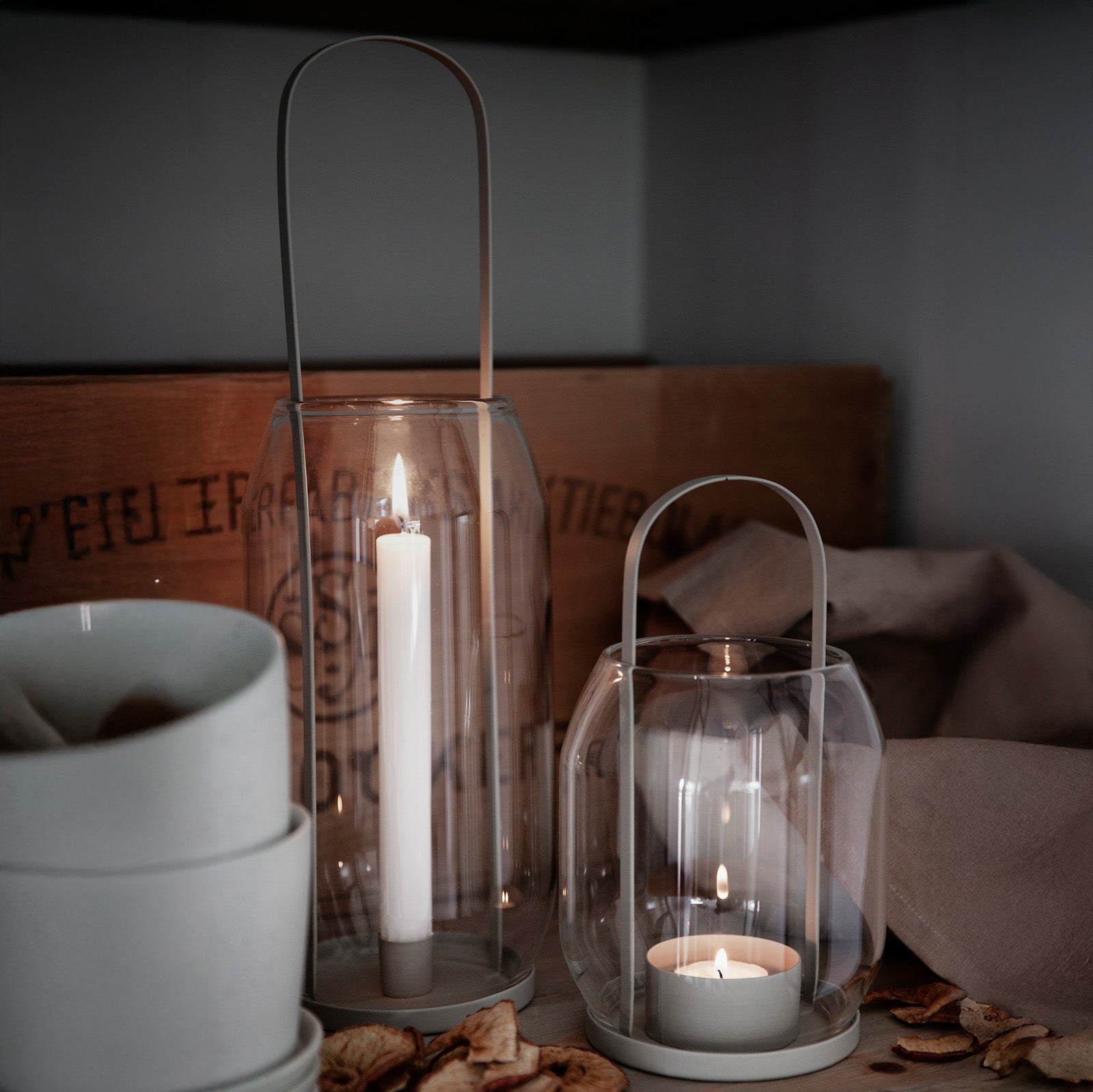 Windlicht für Stabkerze - beige