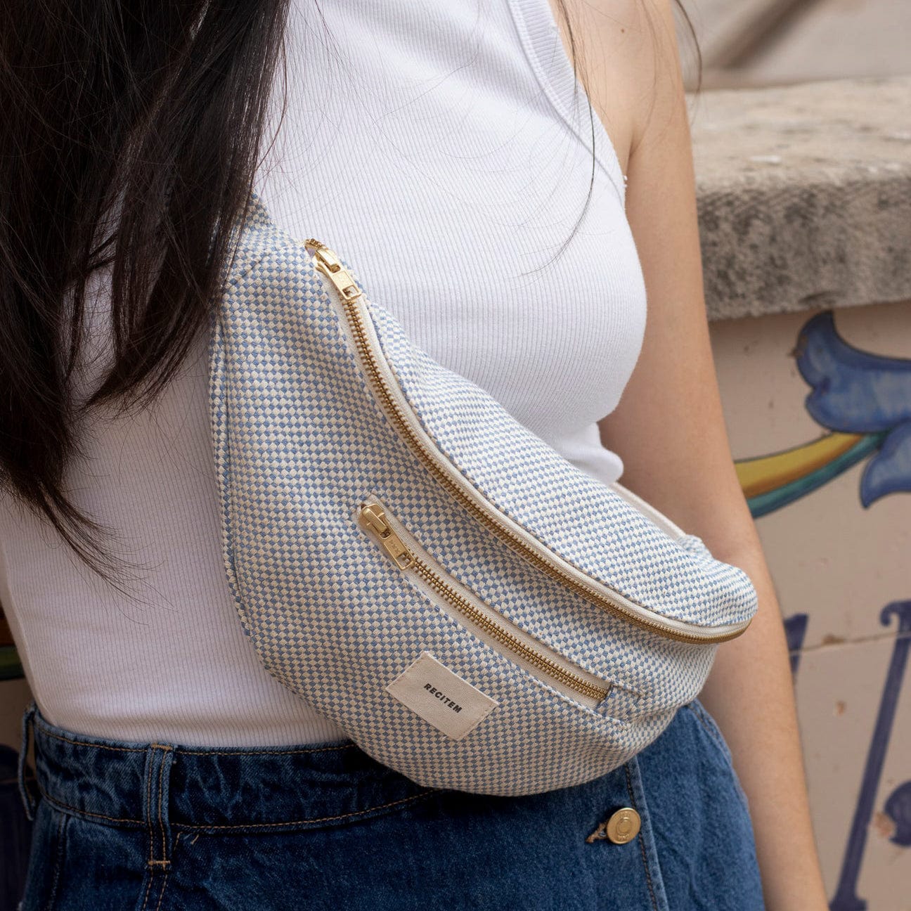 Marion Bauchtasche - hellblau kariert
