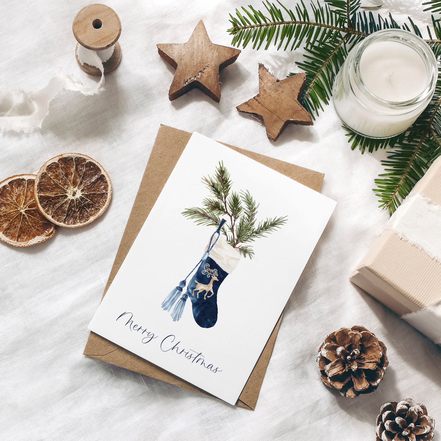 Weihnachtskarte auf Strukturpapier Strumpf A6