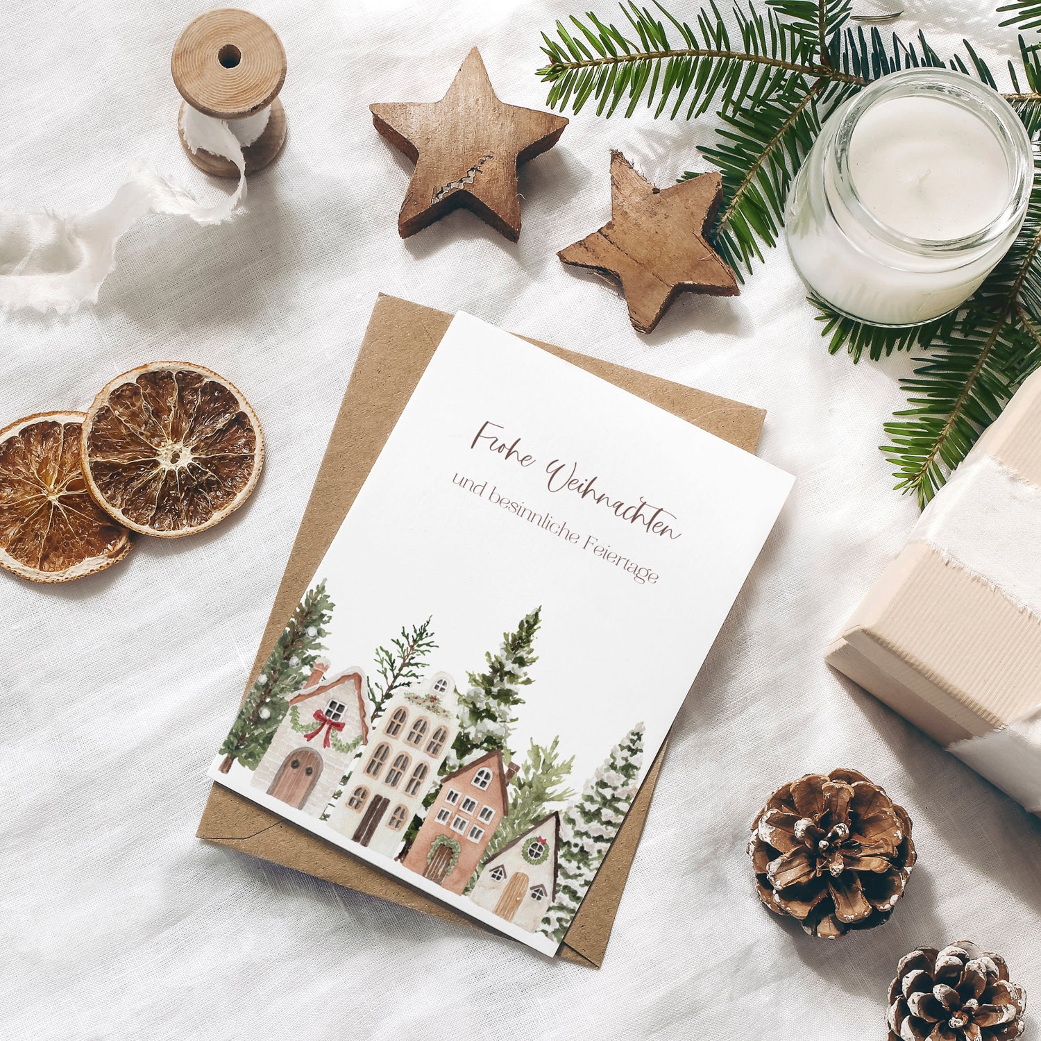 4er Set Weihnachtskarten A6 auf Strukturpapier - little village