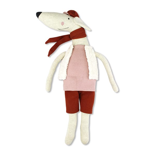 Kuscheltier Hund mit Mütze und Halsband aus Strickstoff