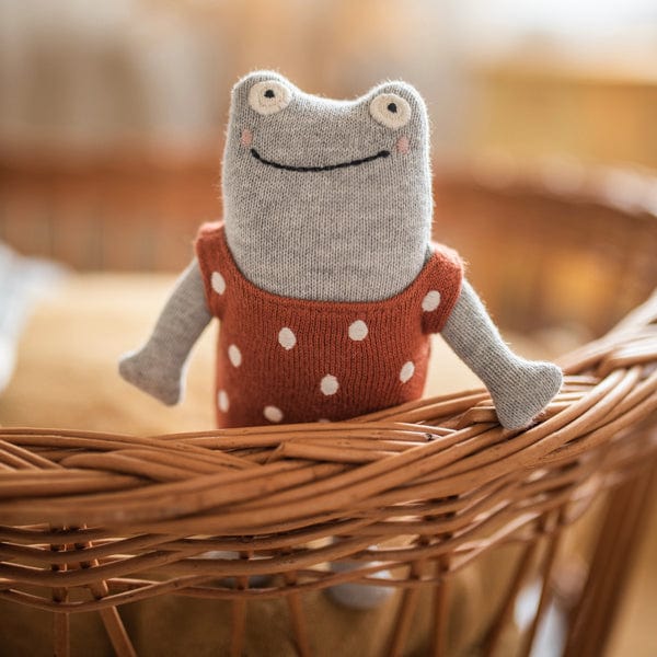 Babyrassel Frosch aus Strickstoff in Grau