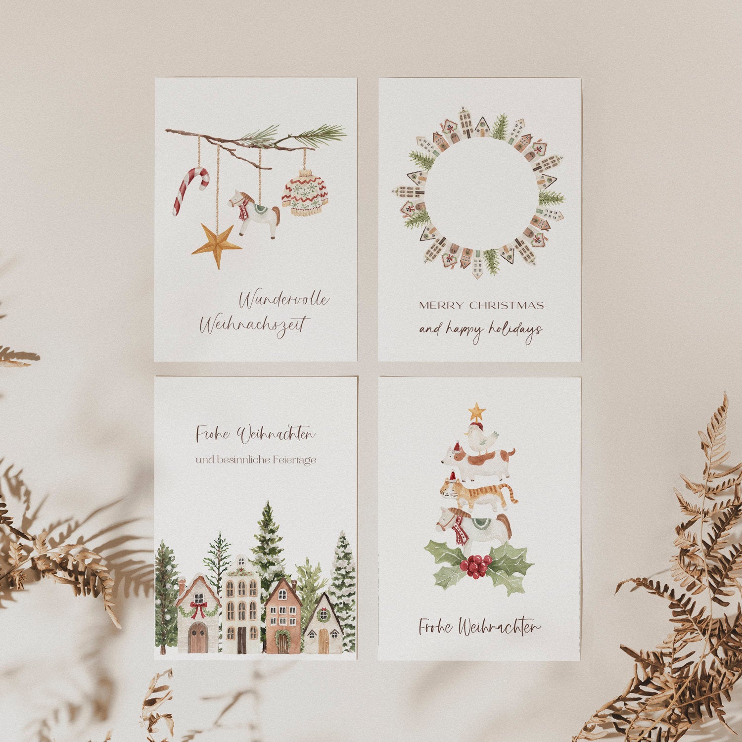 4er Set Weihnachtskarten A6 auf Strukturpapier - little village