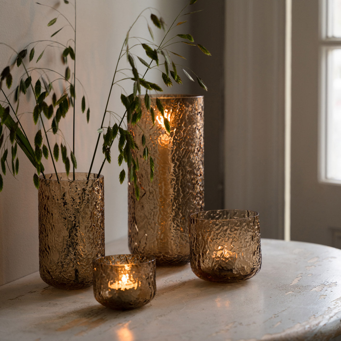Kerzenhalter / Vase gemustert aus Glas - amber