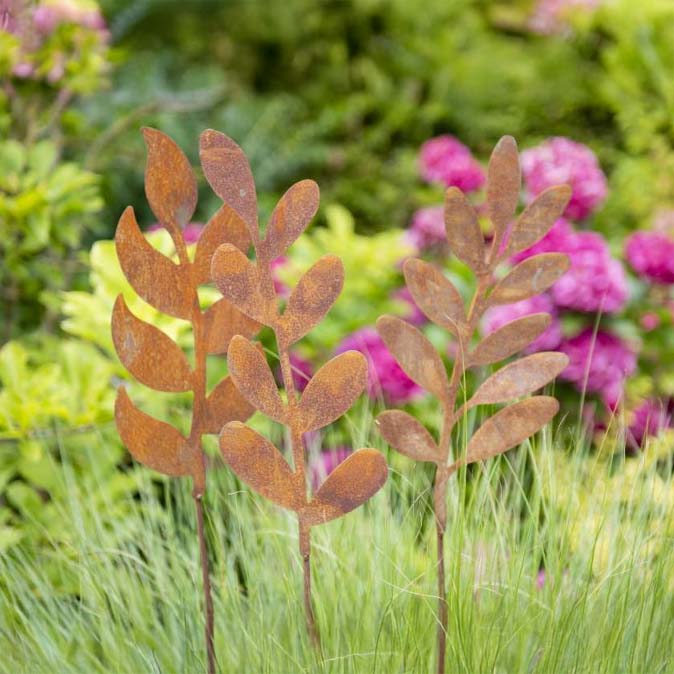 Gartenstecker Blätterzweig 3er Set - rost