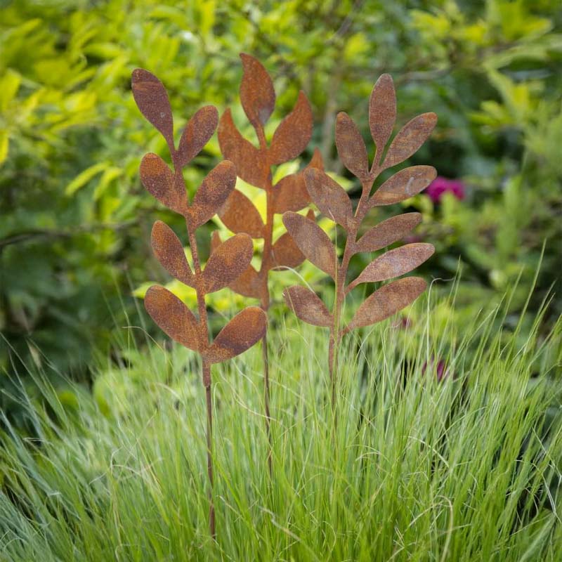 Gartenstecker Blätterzweig 3er Set - rost