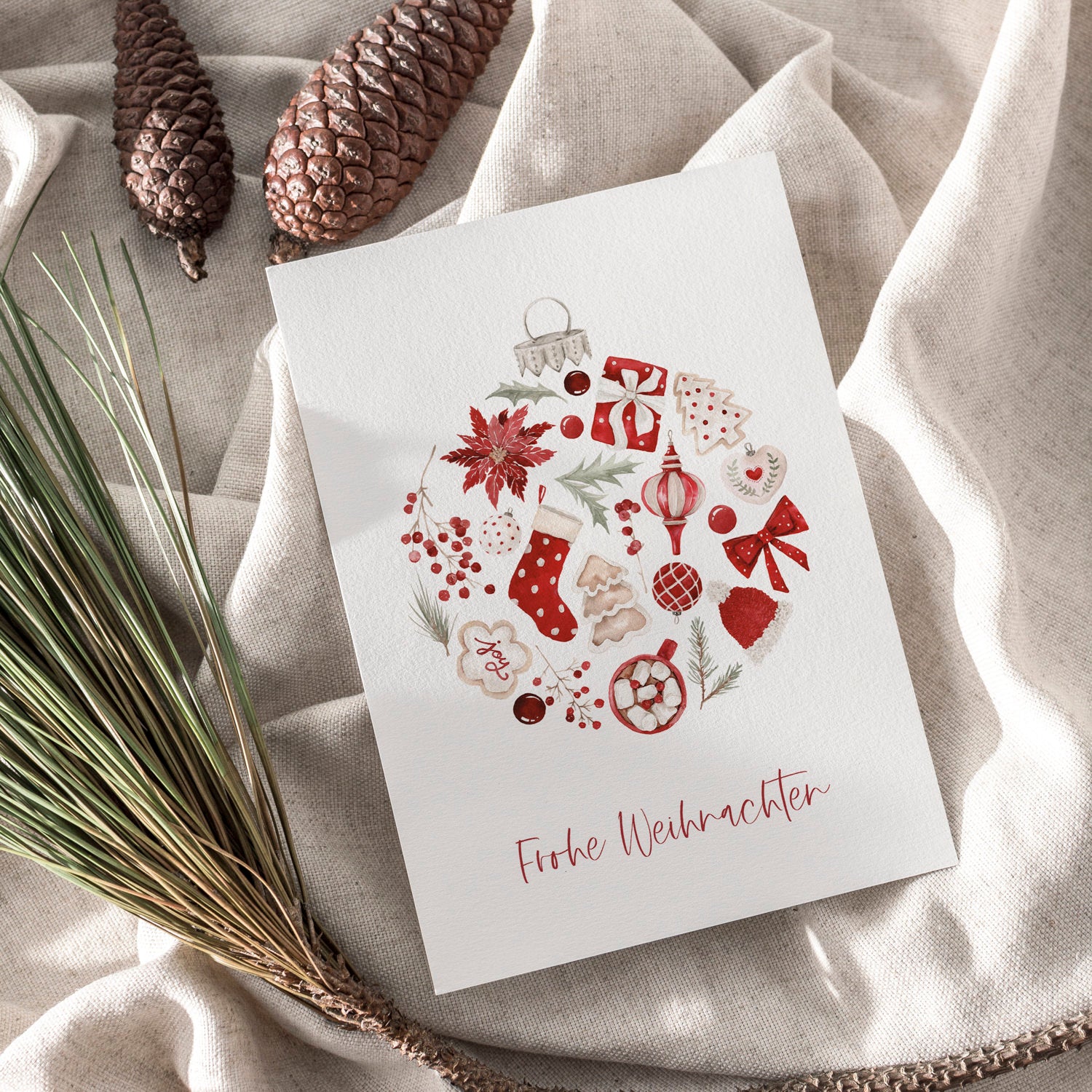 Weihnachtskarte auf Strukturpapier Kugel Rot A6