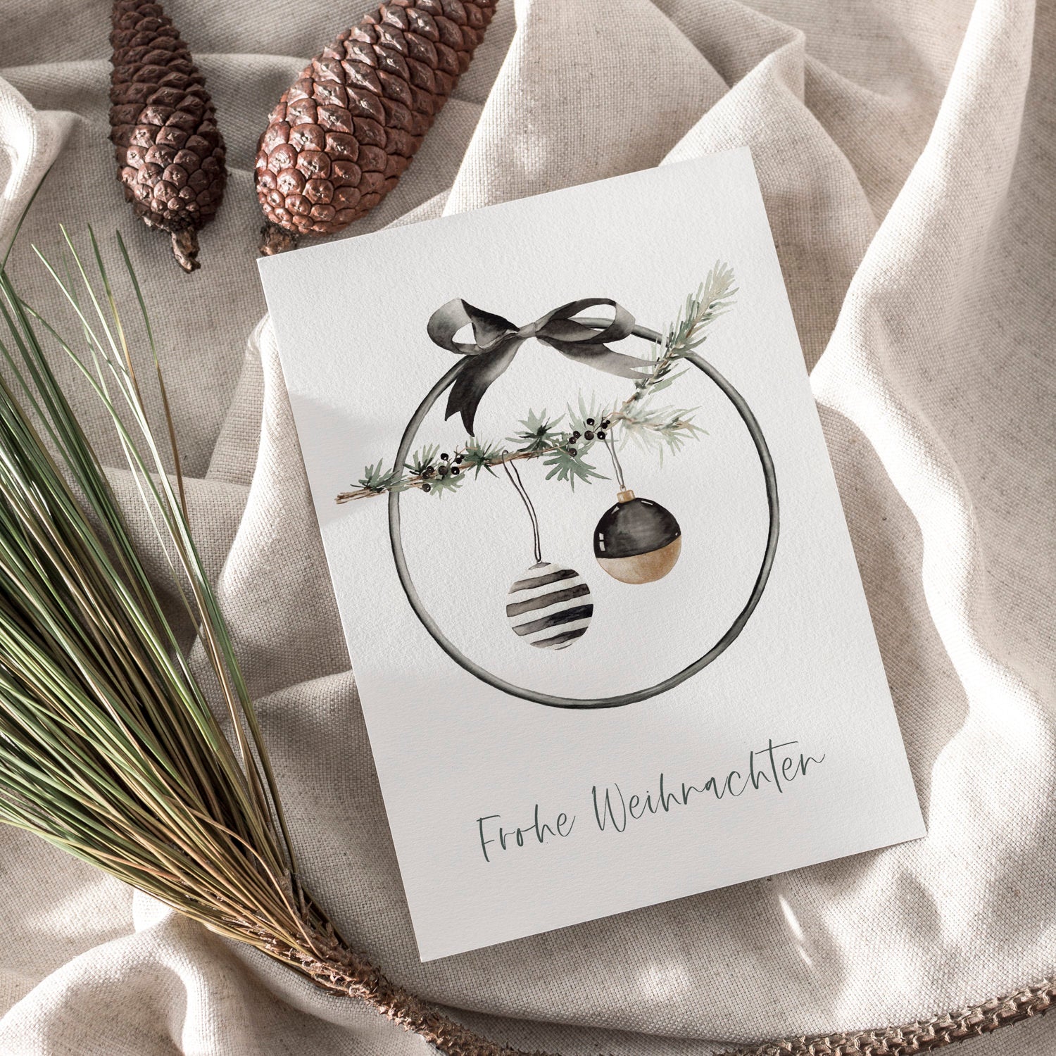 Weihnachtskarte auf Strukturpapier Kugeln Schwarz A6