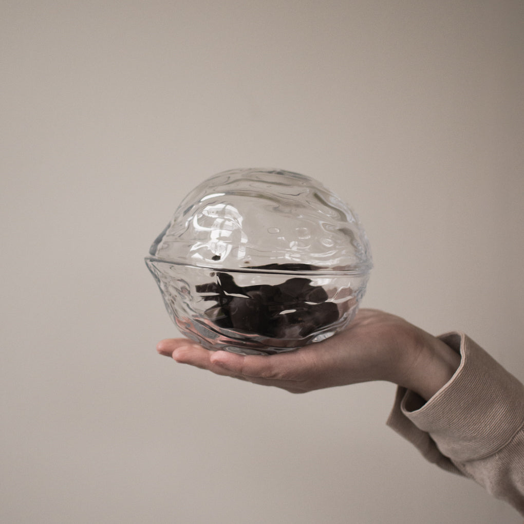 Walnuss Schale mit Deckel - Glas