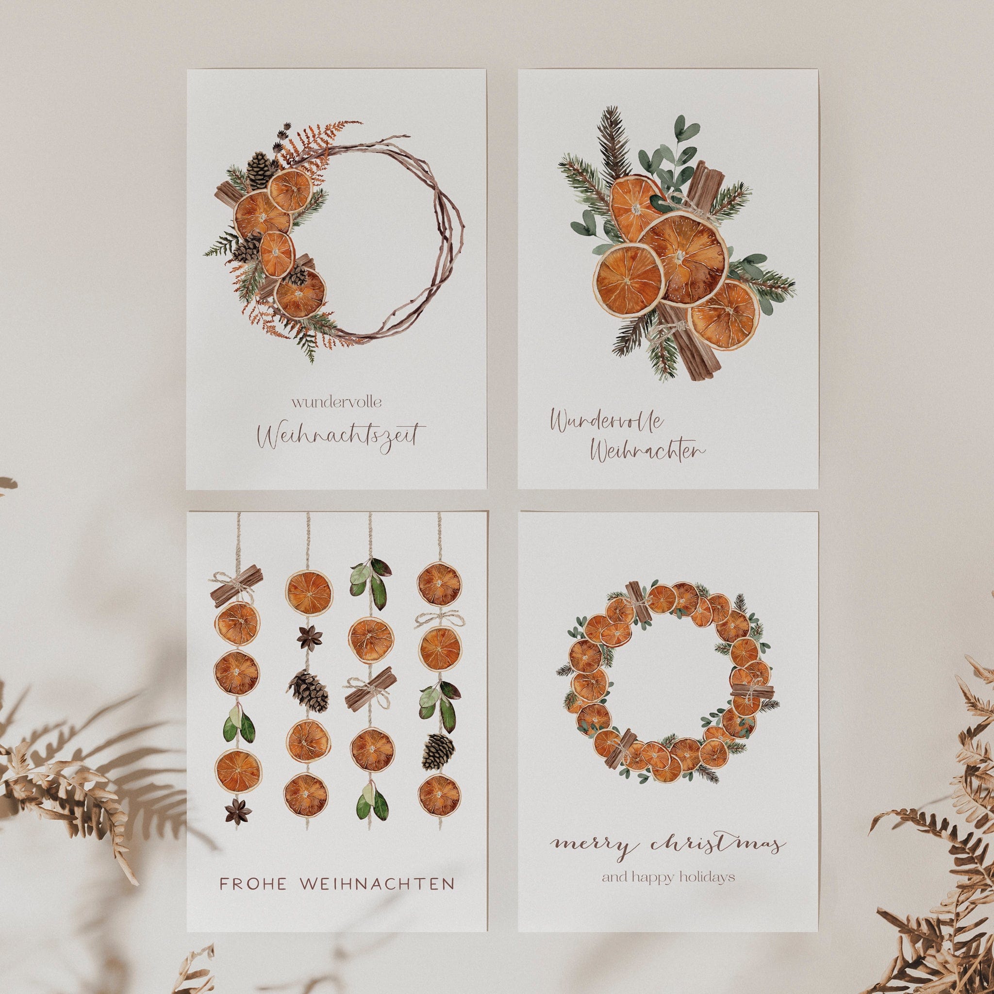 4er Set Weihnachtskarten A6 auf Strukturpapier - orange