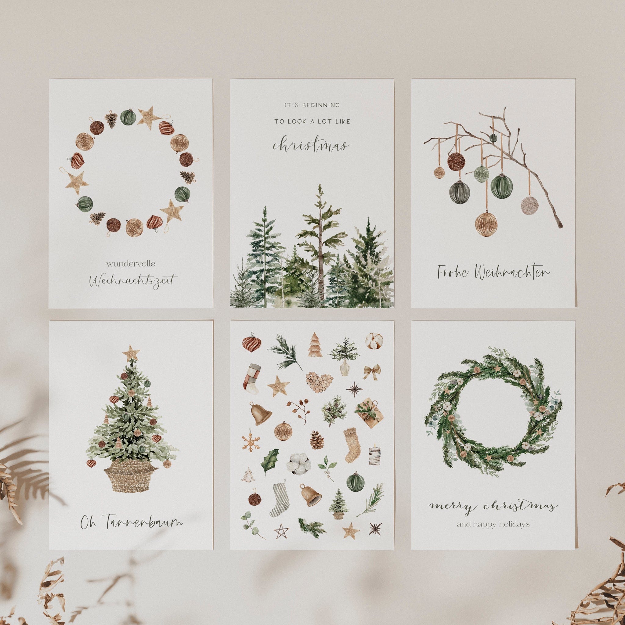 6er Set Weihnachtskarten A6 auf Strukturpapier - rustic