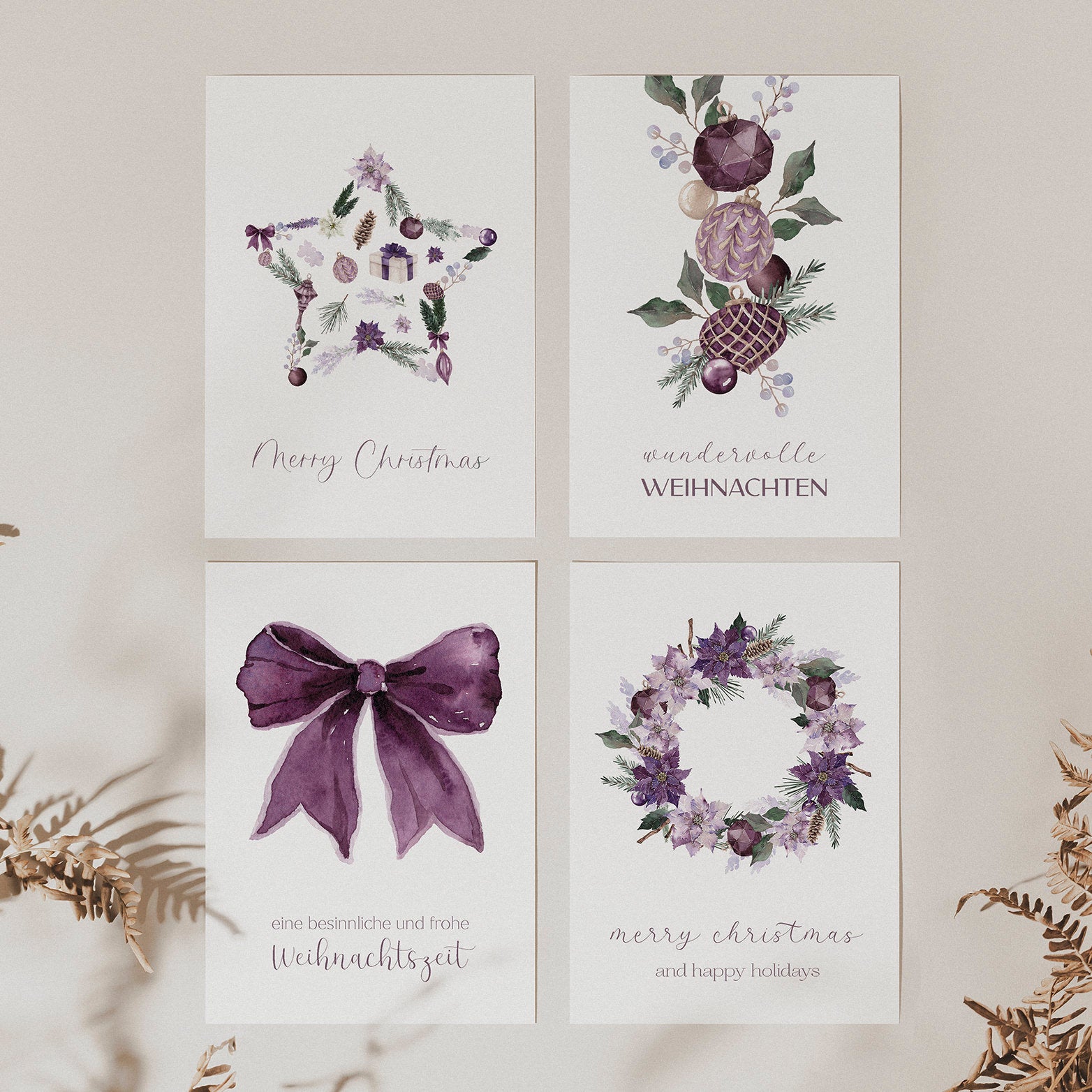 4er Set Weihnachtskarten A6 auf Strukturpapier - lila