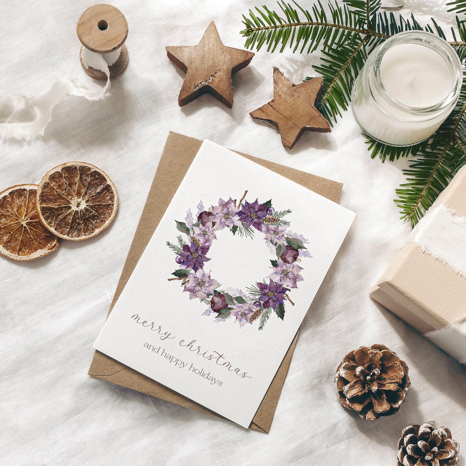 Weihnachtskarte auf Strukturpapier Kranz lila A6
