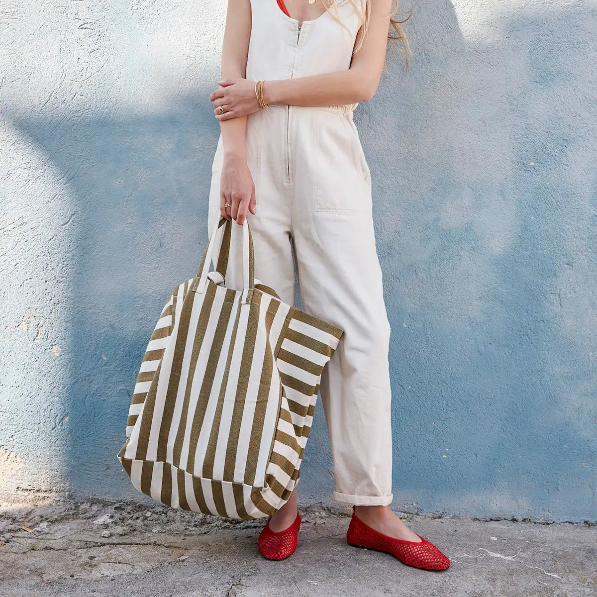 Shopper aus Baumwolle - Streifen olive