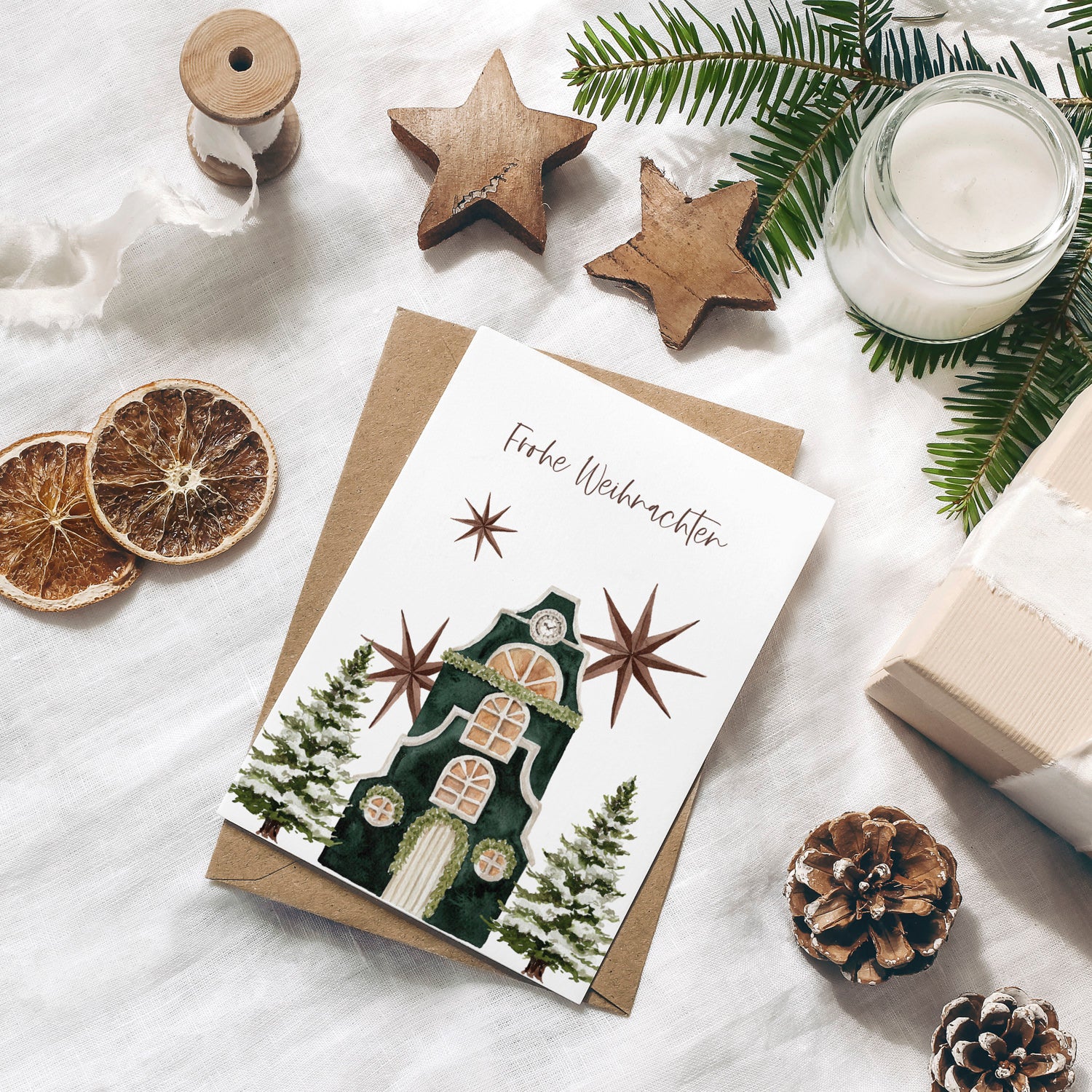 Weihnachtskarte auf Strukturpapier Haus A6