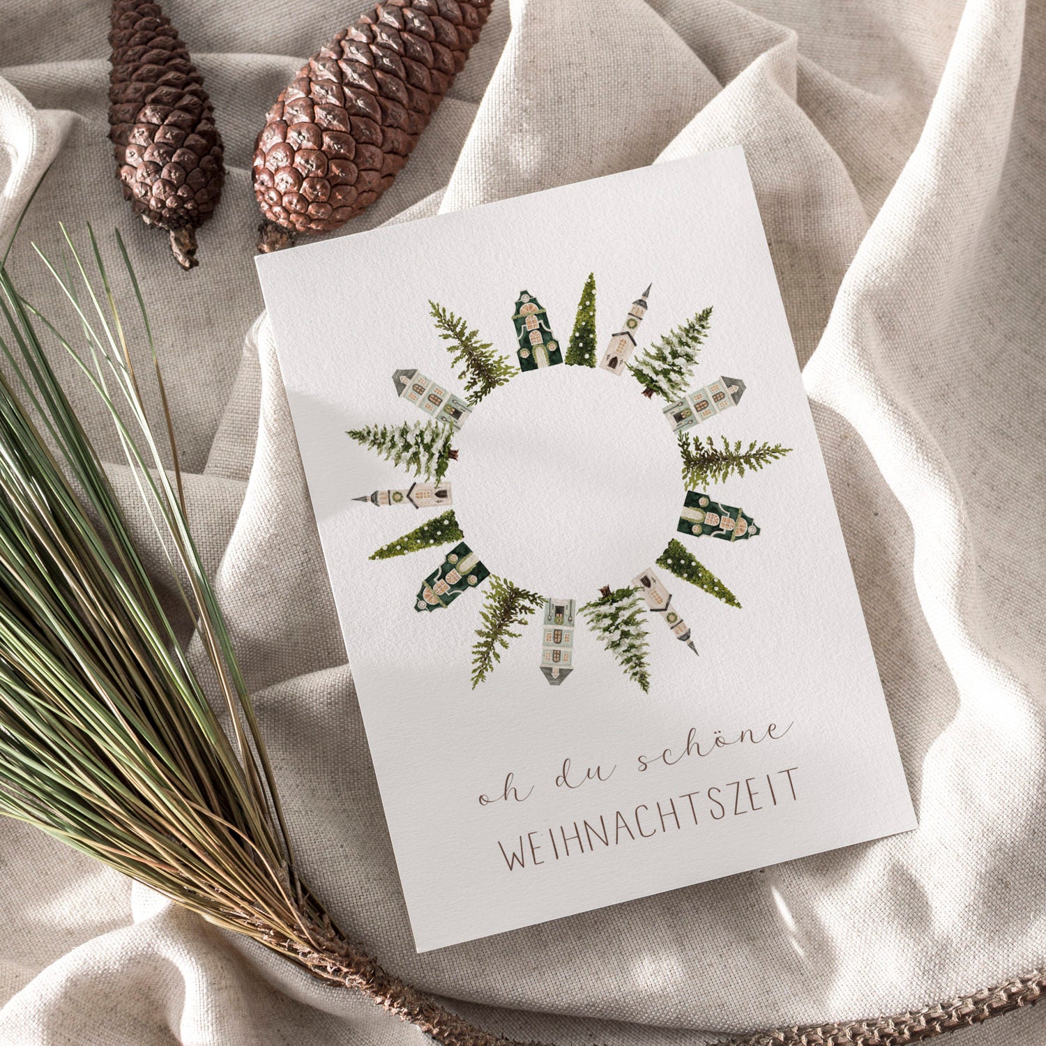 Weihnachtskarte auf Strukturpapier Kranz Häuser A6