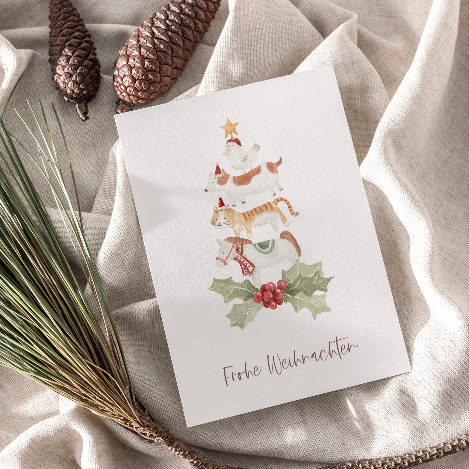 Weihnachtskarte auf Strukturpapier Kranz Tiere A6