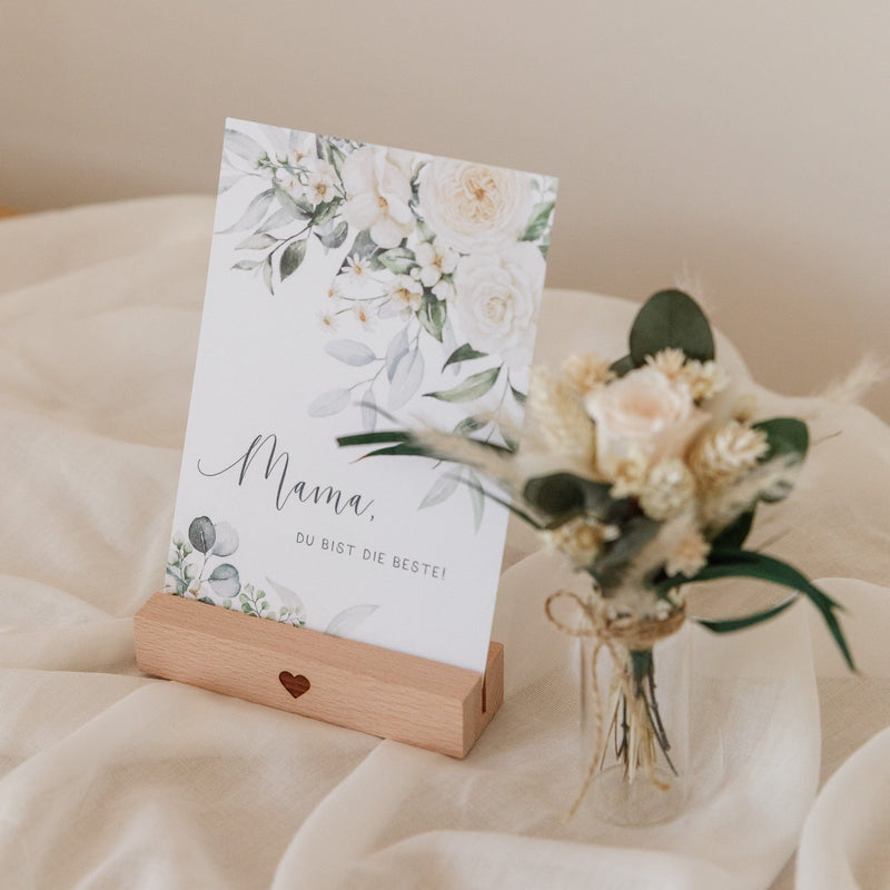 Muttertag Geschenkset mit Grußkarte, Kartenständer und Trockenblumenstrauß in einer Glasvase