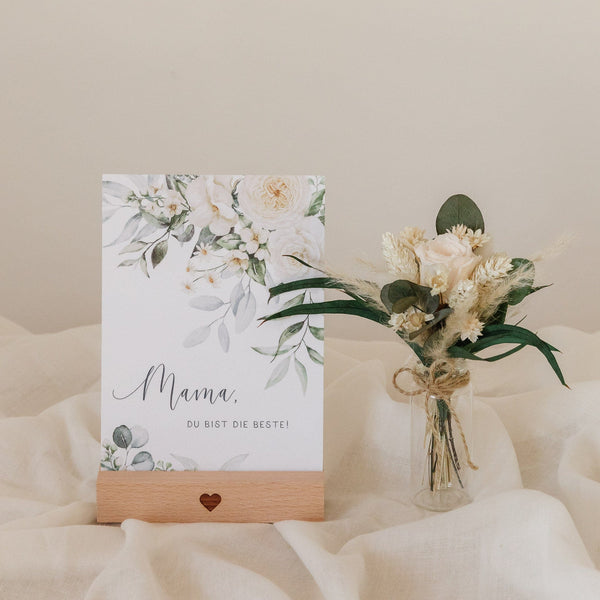 Muttertag Geschenkset mit Grußkarte, Kartenständer und Trockenblumenstrauß in einer Glasvase